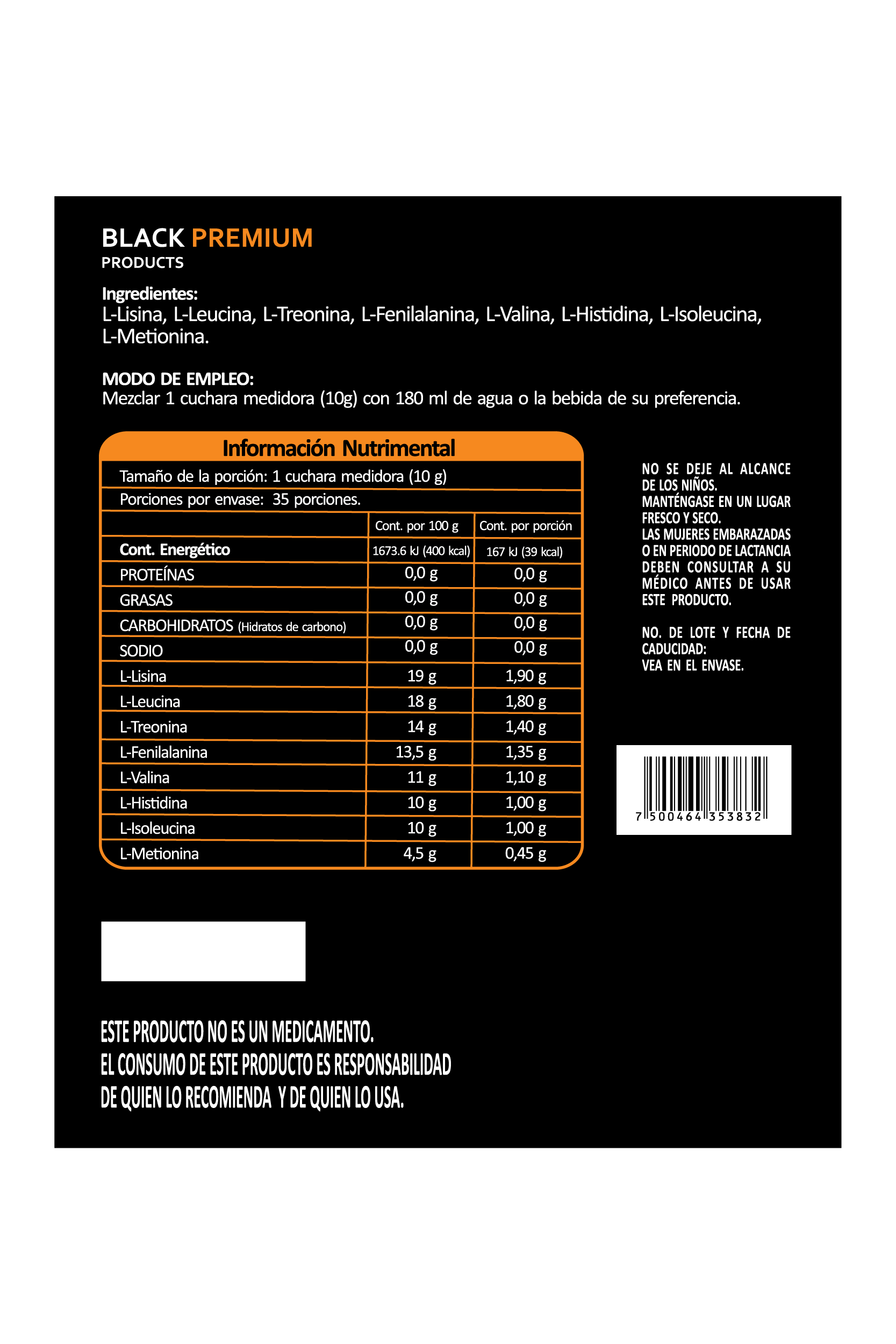 Aminoácidos BCAAS y esenciales 350 gramos | Black Premium | Suplemento Alimenticio en Polvo | L-Isoleucina, L-Leucina, L-Lisina, L-Metionina, L-Fenilalanina, L-Treonina, L-Valina, L-Histidina.